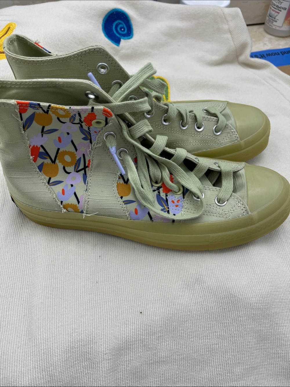 Vans High-Top Sneakers in Sage Green with Floral Panels